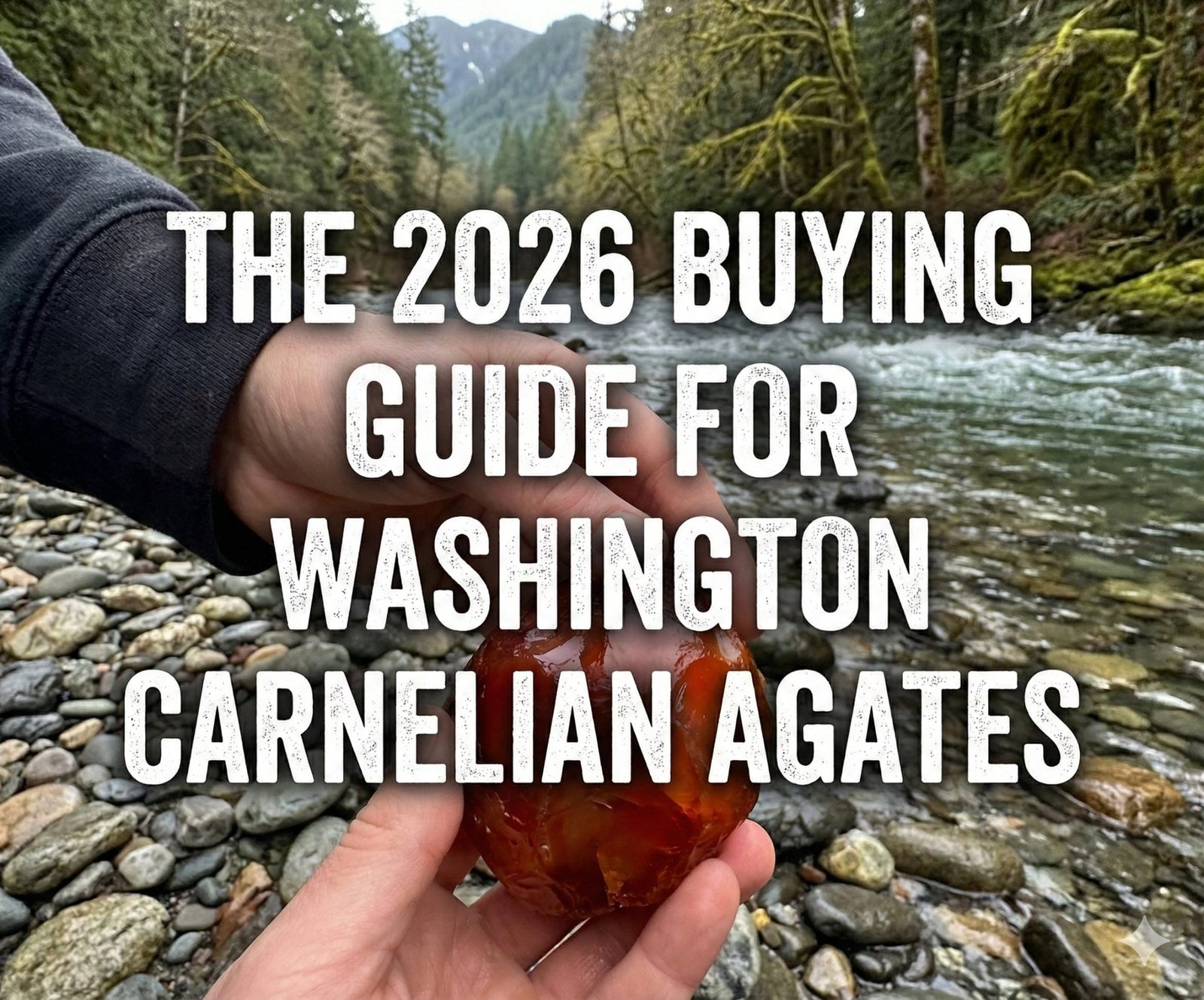 The 2026 Buying Guide for Washington Carnelian Agates: hands holding carnelian by a Pacific Northwest river.