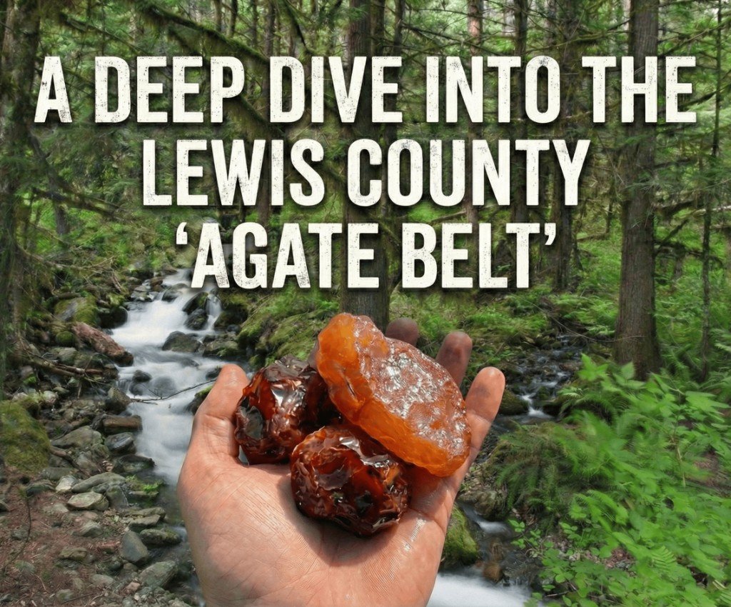 Featured image for A Deep Dive into the Lewis County Agate Belt: hand holding raw amber and brown agates in a forest stream setting.