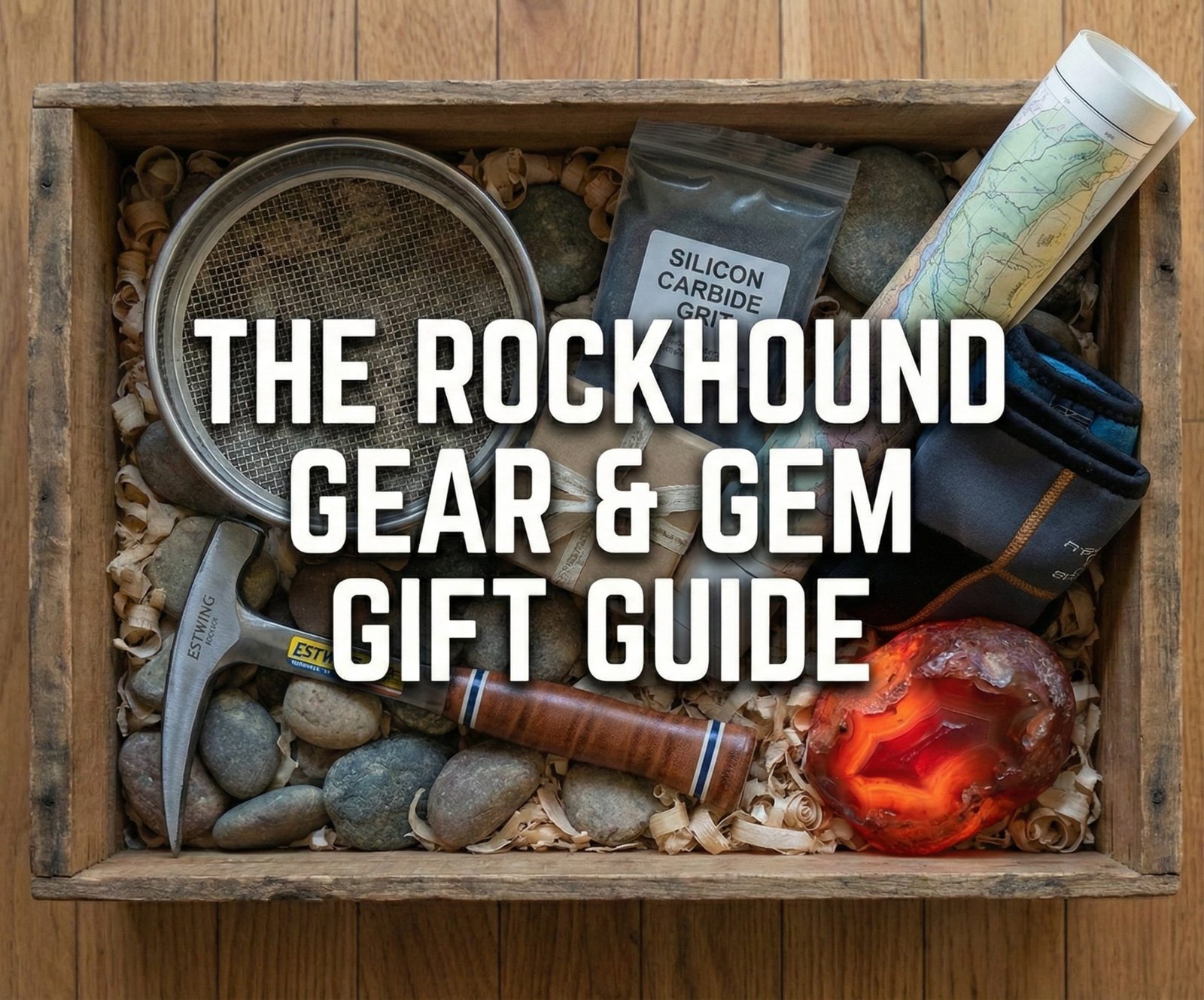 The Rockhound's Gear and Gem Gift Guide: rock pick, sieve, tumbler, grit, and Washington carnelian as gift ideas for agate hunters.