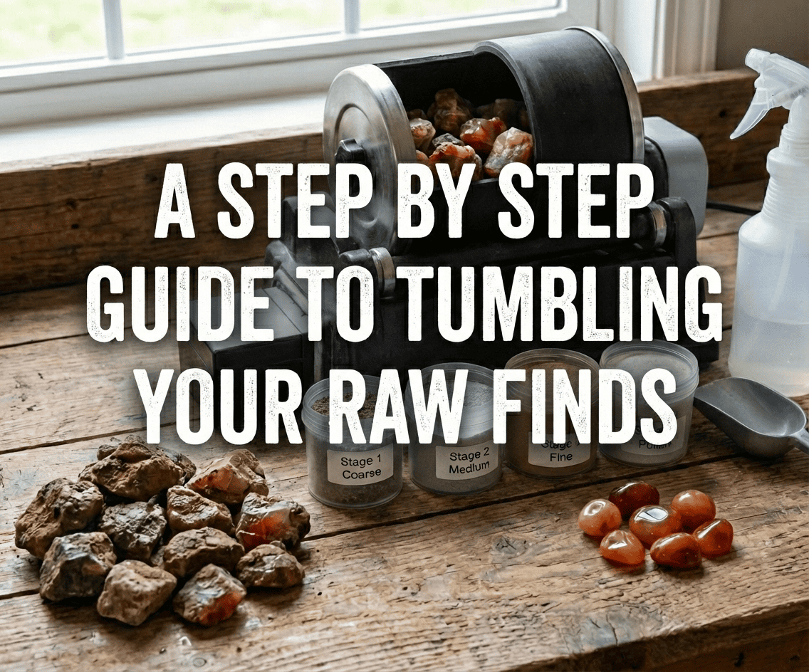 Featured image for a guide on rock tumbling, displaying a tumbler with raw agates, containers of coarse, medium, and fine grit, and a pile of shiny, polished carnelian agates on a wooden table.