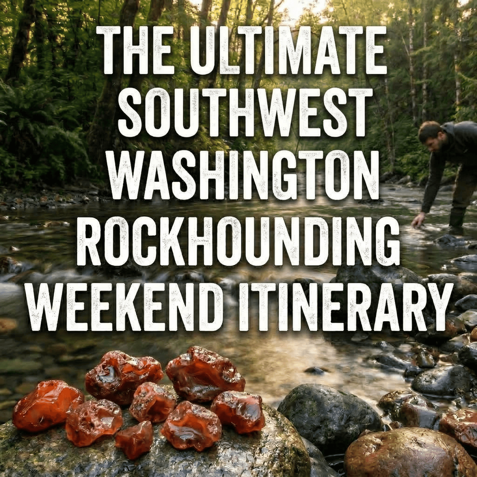 The Ultimate Southwest Washington Rockhounding Weekend Itinerary: stream, agates, rockhounder in forest.