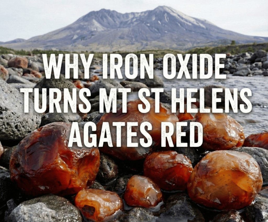 Featured image for Why Iron Oxide Turns Mt St Helens Agates Red displaying wet, polished carnelian agates in a rocky riverbed with Mount St. Helens in the background.